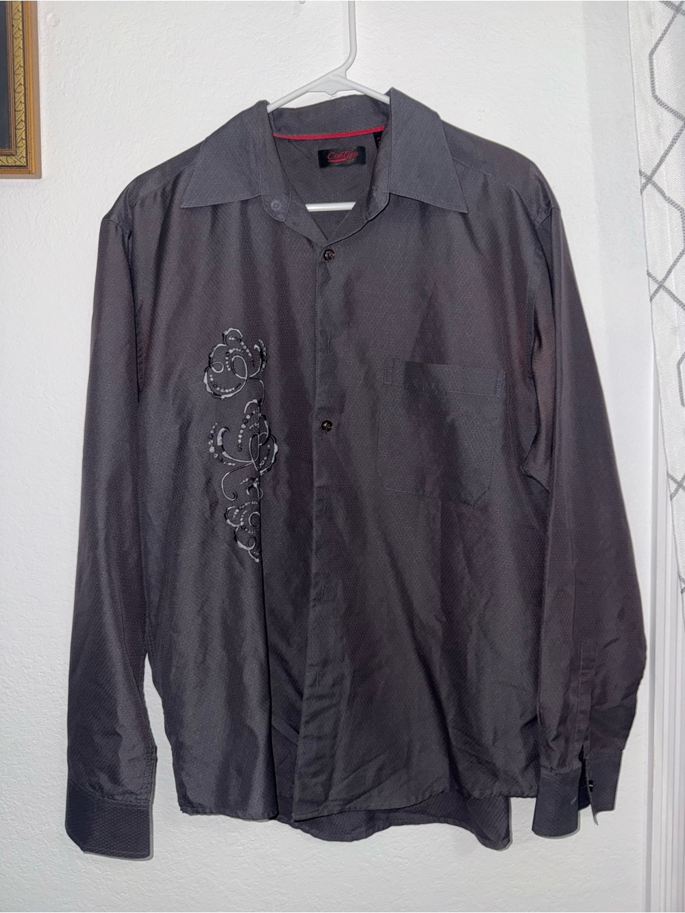 Contigo Men's Dark Gray Button-Up Shirt with Subtle Embroidery